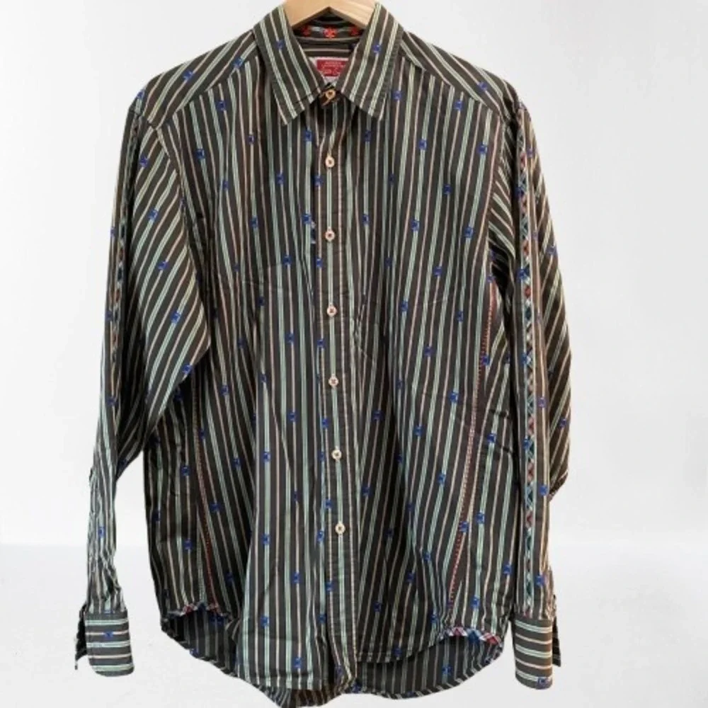 Robert Graham Chess Rook Print Men's Striped Button Down Casual Cotton Medium